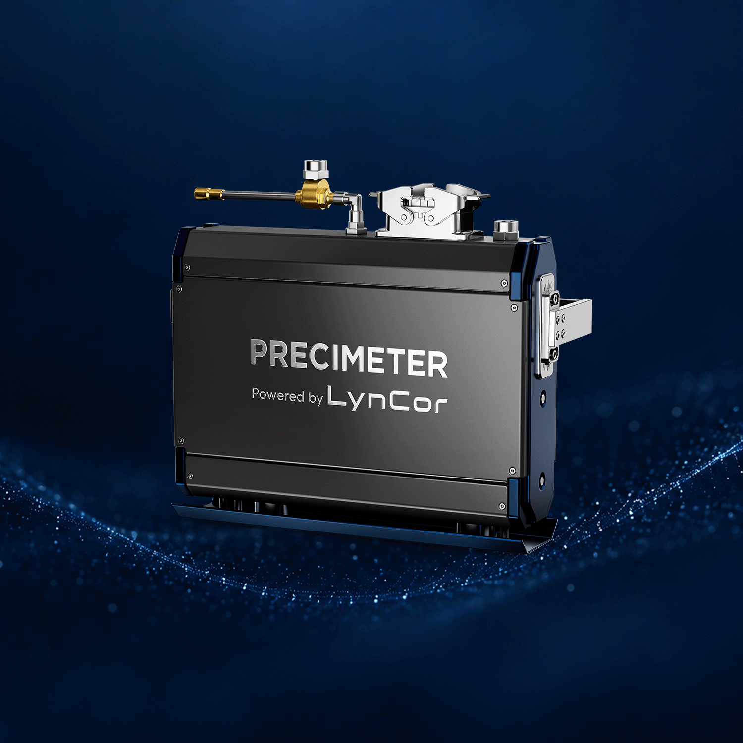 青い背景に、きらめく粒子とともに配置されたLynCor ProHレーザーカメラセンサー